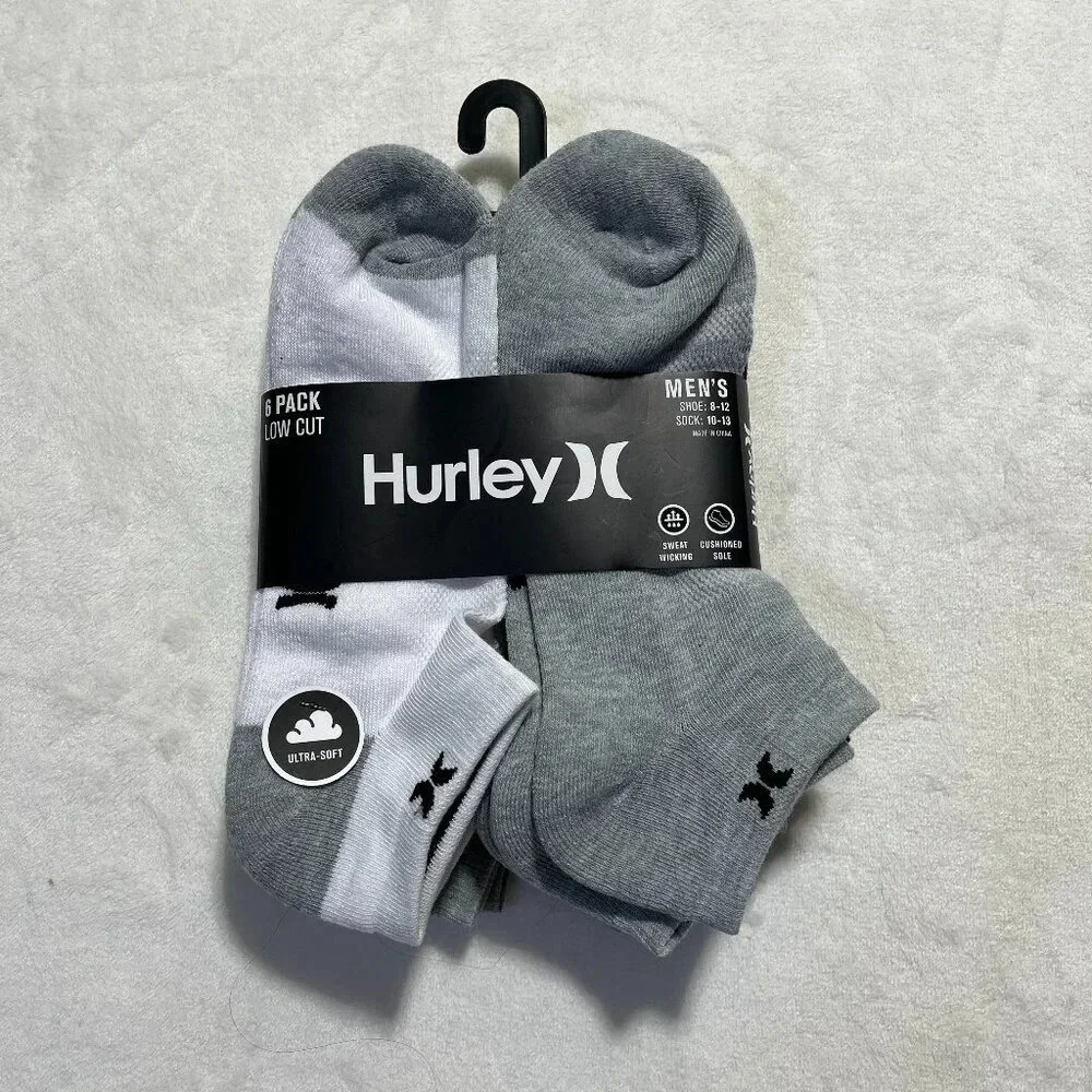 Hurley Mens 6 Pack Low Cut Socks NWT White Gray Black Size 10-13
